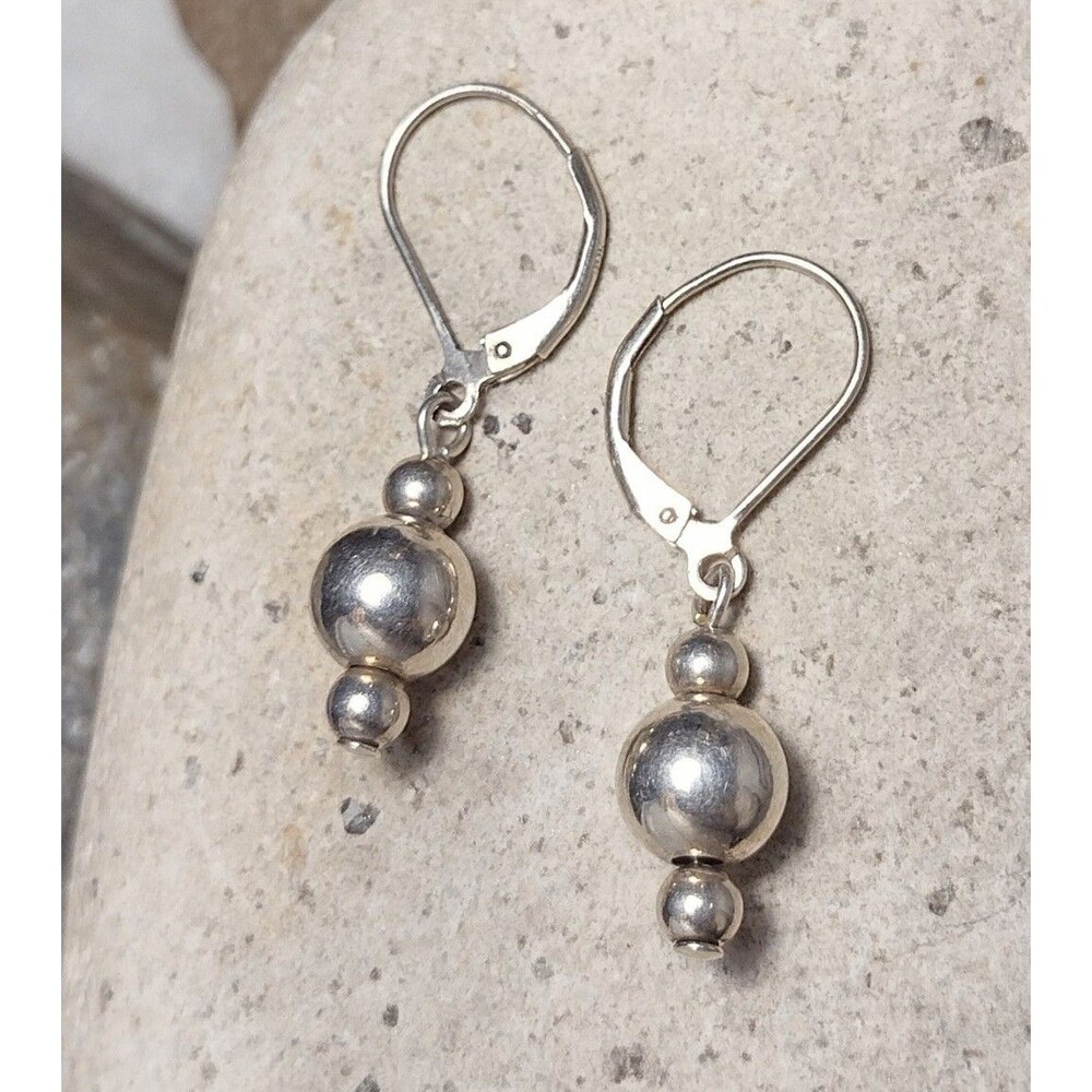 Vintage Sterling Silver Ball Bead Drop Dangle Earrings - Picture 4 of 6